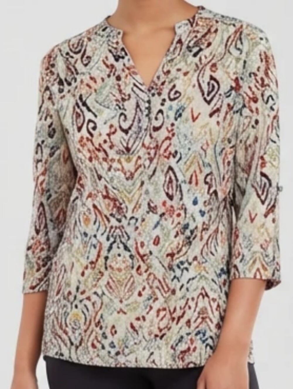 Lightweight V-Neck Blouse in Multi Rust and Navy - Casual Women's Top